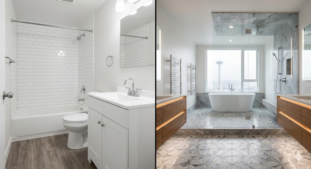 A split photograph comparing a budget-friendly Basic Refresh bathroom with simple finishes (left) to a high-end Luxury Spa Bathroom featuring a marble shower, soaking tub, and Seattle views (right)